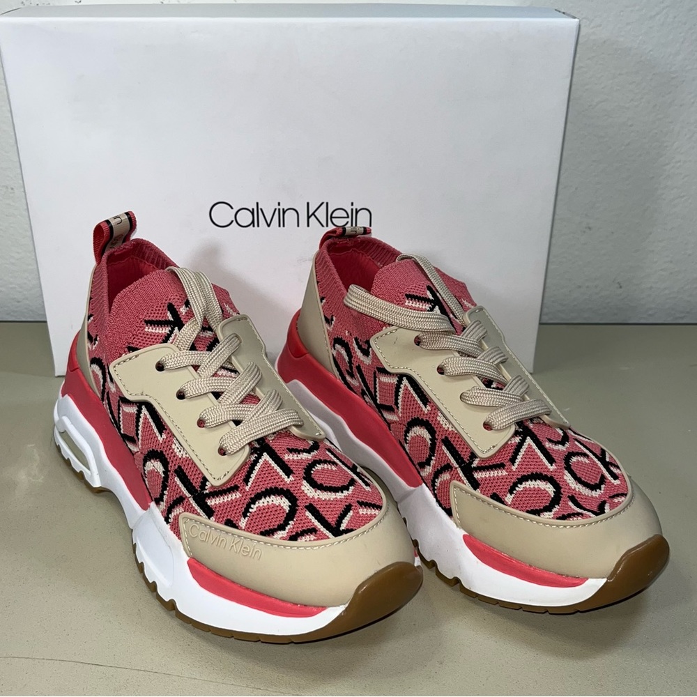 CALVIN KLEIN Womens Coral Ck 1"Platform Knit Hensley Wedge Athletic Sneakers